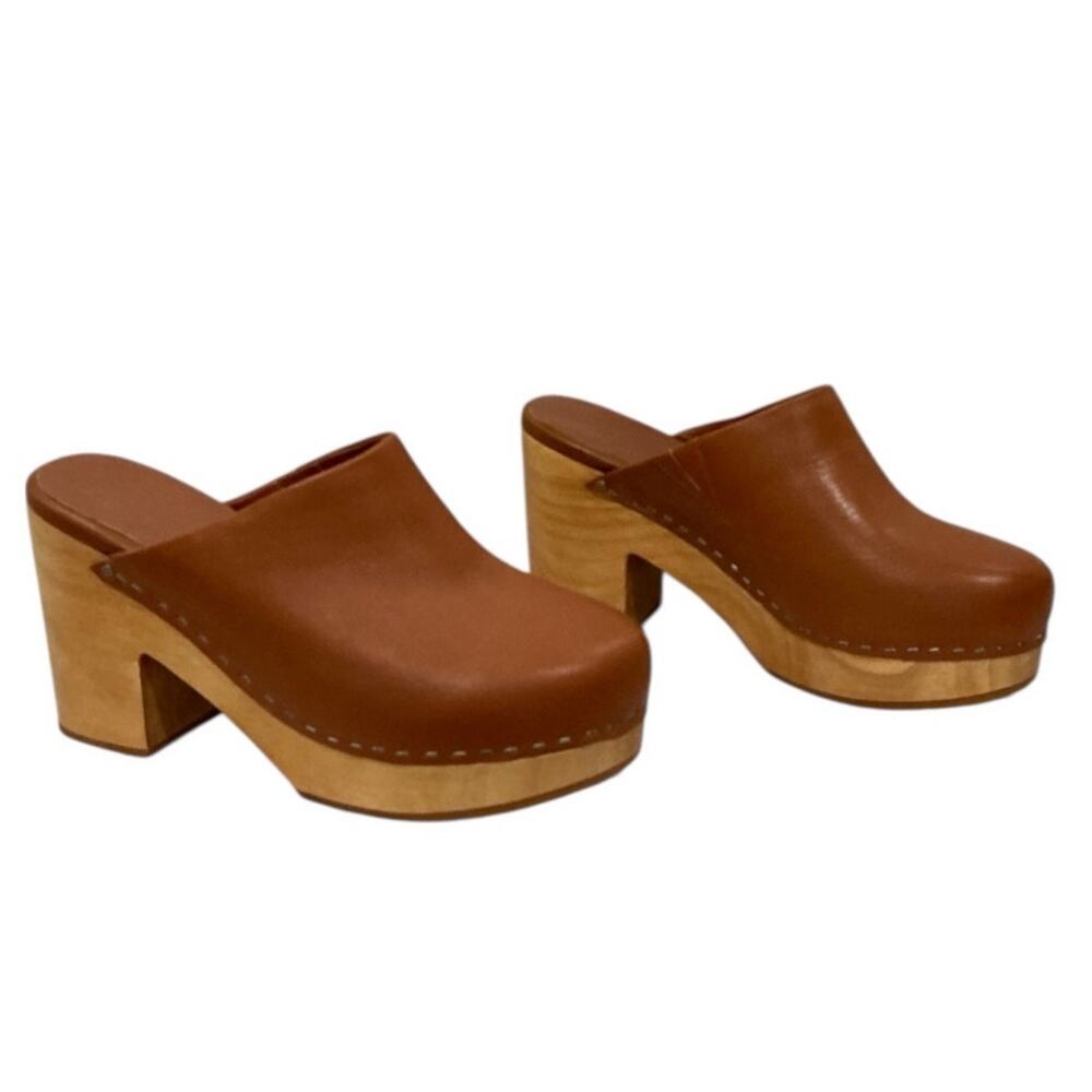 Charlotte Stone Marlo Chunky Wooden Platform Mule Clog Leather Luggage Brown 8 - Picture 2 of 13